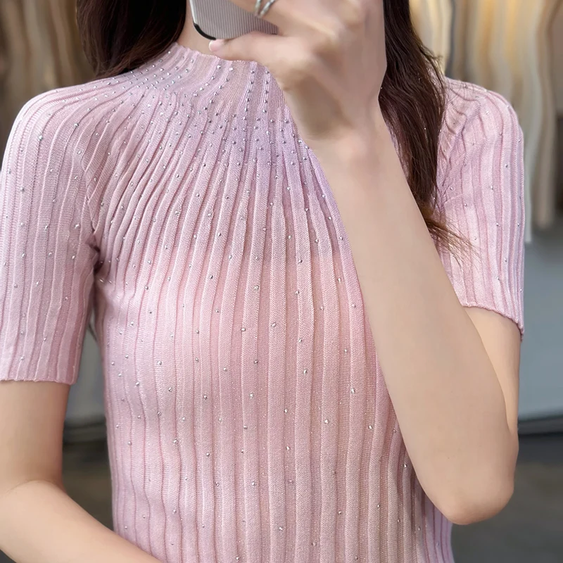 Spring And Summer New Women\'s Short Sleeve Half High Neck Wool Silk Material Embedding Diamond Fashion Thin Pullover Top