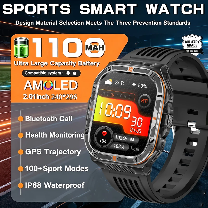 

2026 New Built-in 1100mAh Super Large Battery Men Smart Watch Outdoor GPS 2.01"AMOLED Screen 3ATM Waterproof BT Call Smartwatch