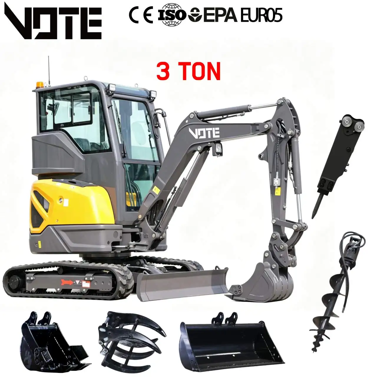 Miniexcavadora de 3 toneladas, excavadora de cadenas de 2.5 toneladas, motor diésel CE Euro 5, multifuncional para construcción agrícola y municipal.