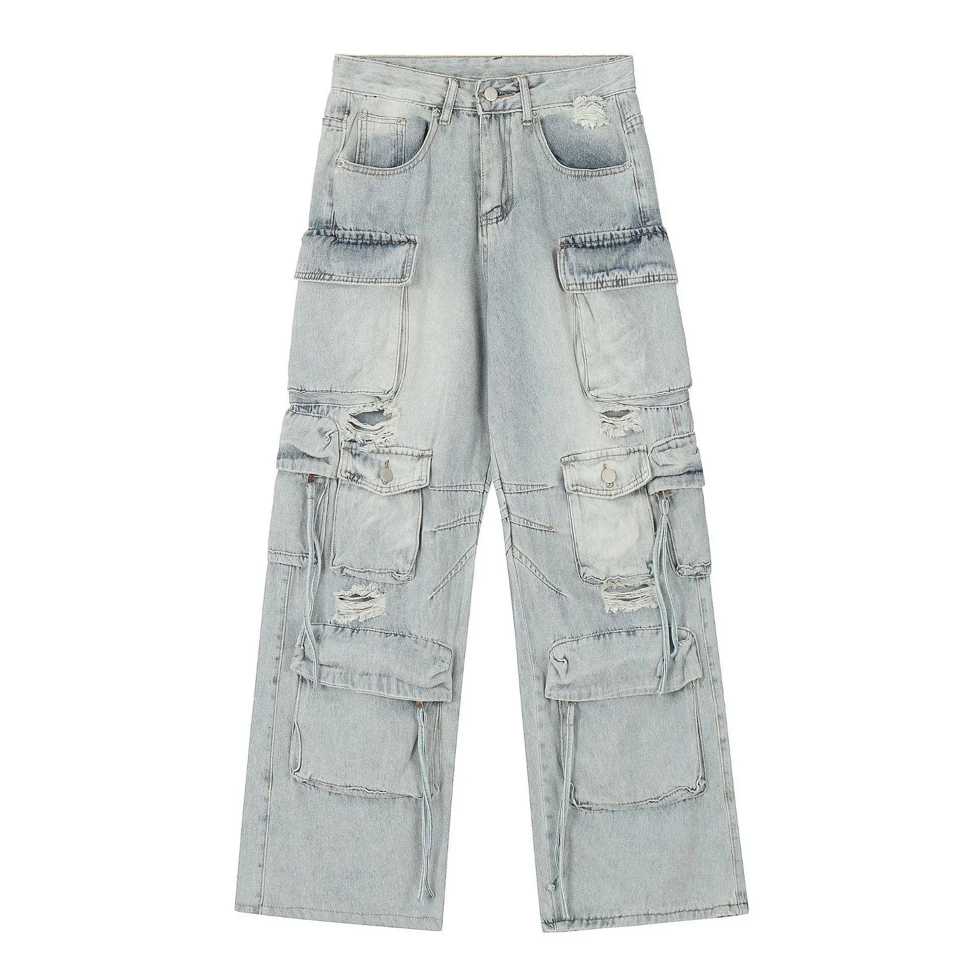 

Trendy Blue Men's Straight Leg Work Pants Multi-ket Mid-Waist Zipper Casual Punk Sle Non-Sinkable Straight Leg Jeans