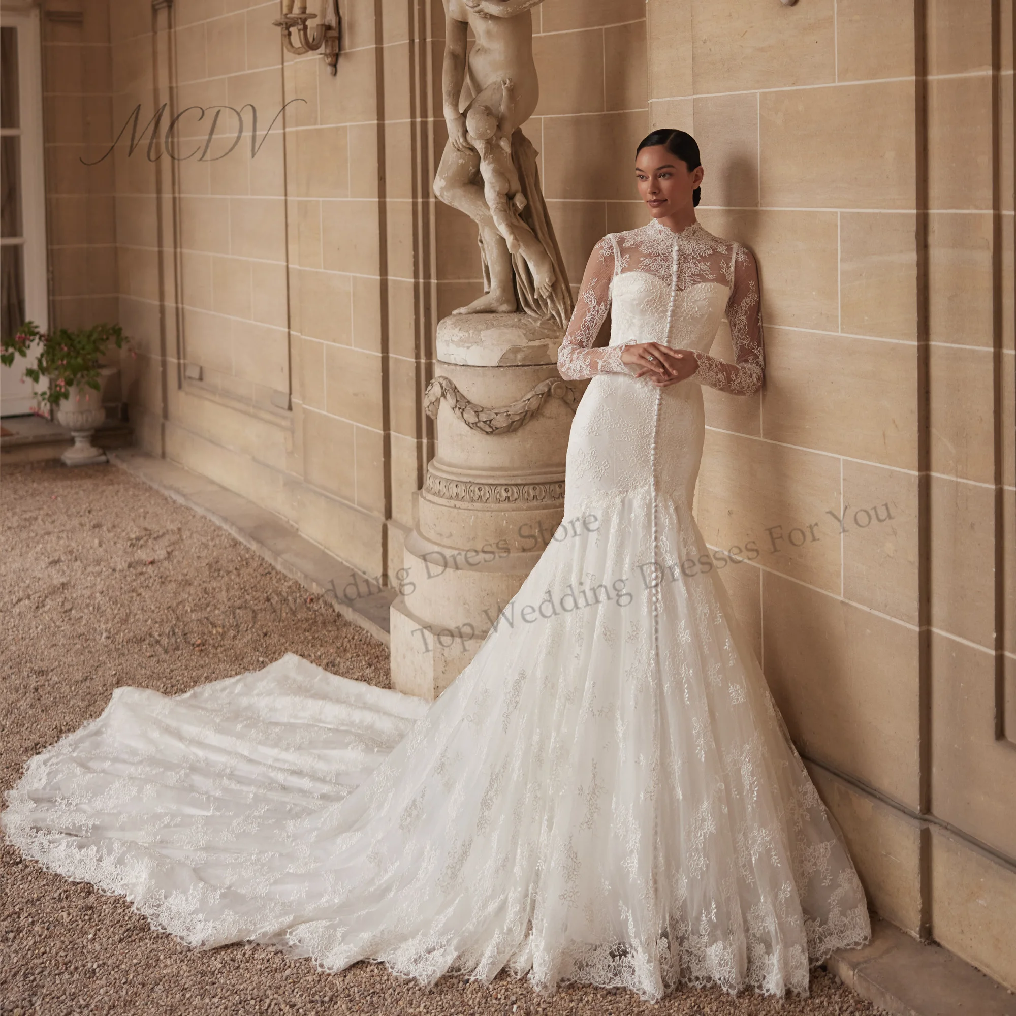 Elegant High Neck Wedding Dresses Full Sleeve Mermaid Lace Bride Gowns With Button Sweep Train Vestidos de noche Customized