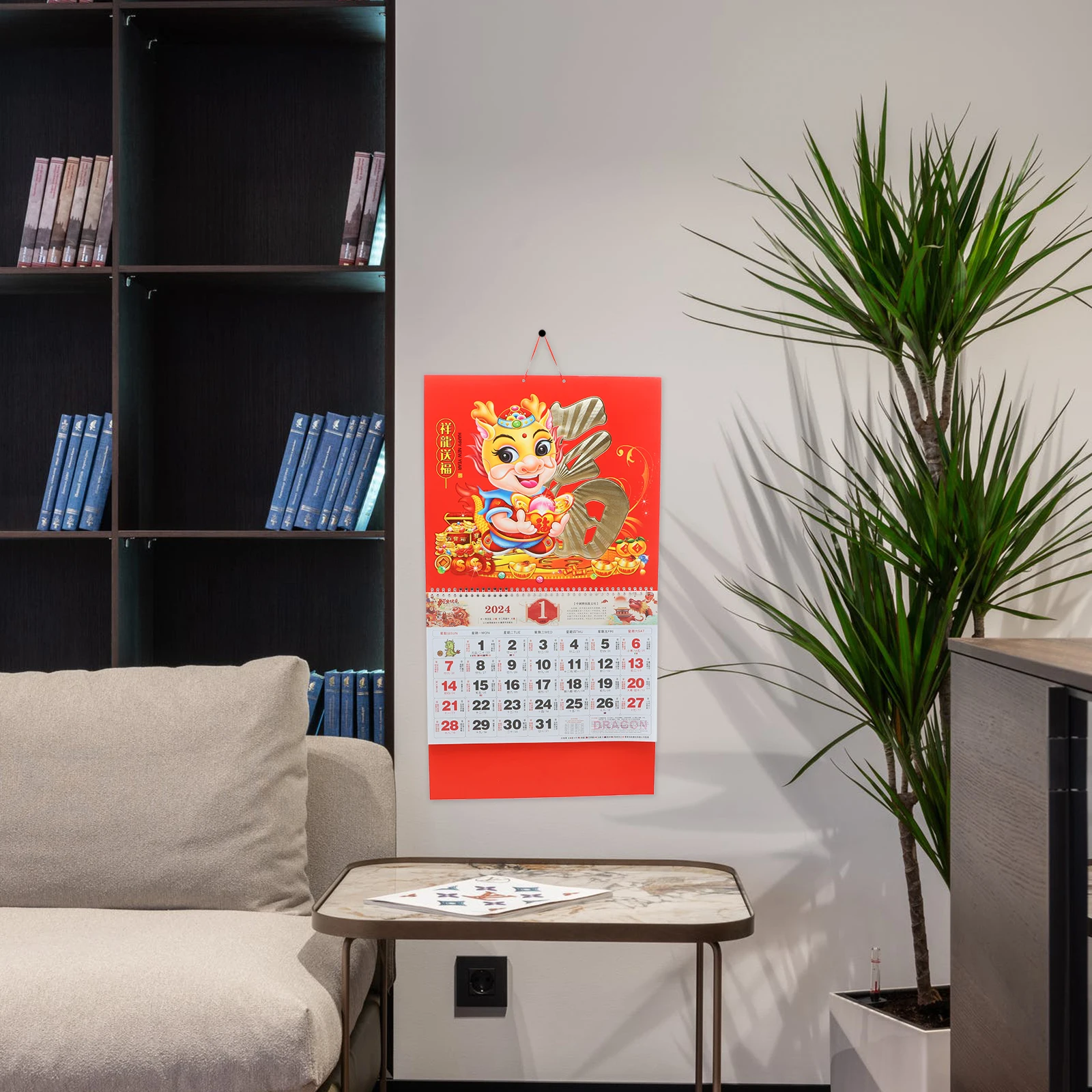 

Year of The Dragon Calendar Space-saving Calendars Wall for Room Aesthetic Gold Leaf Lunar Date Chinese Paper Convenient