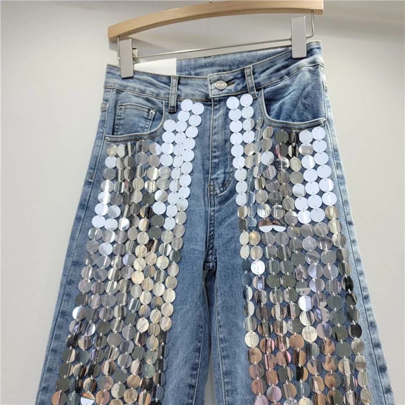 2024 Spring Summer Women Fashion Glitters Bling Bling Wide Leg Denim Pants , Woman Dot Sequined High Waisted Jeans Trousers