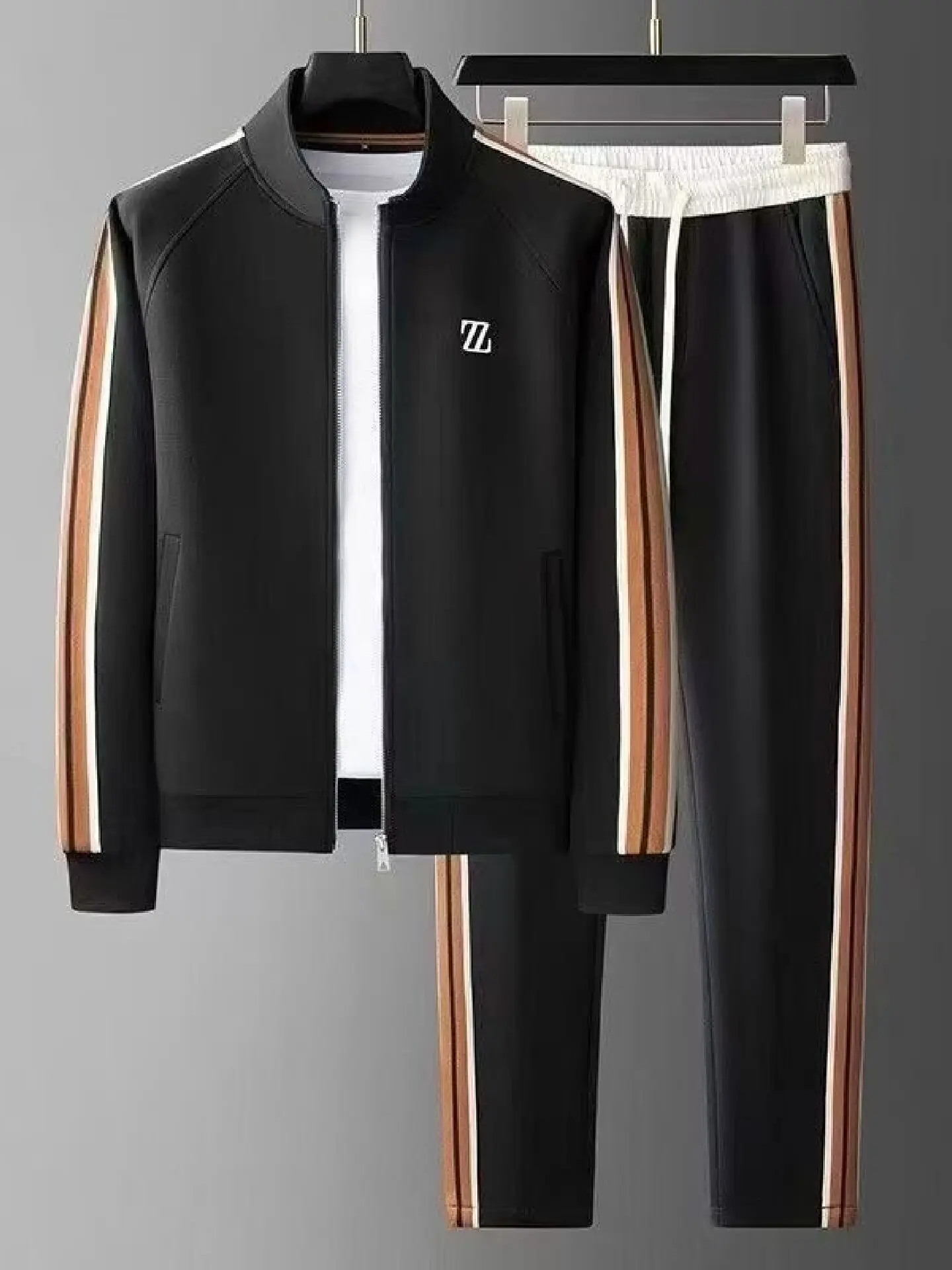 بدلة رياضية رجالية أنيقة للخريف بأكمام طويلة وياقة عالية، طقم كاجوال من قطعتين مع بنطلون مستقيم الساق