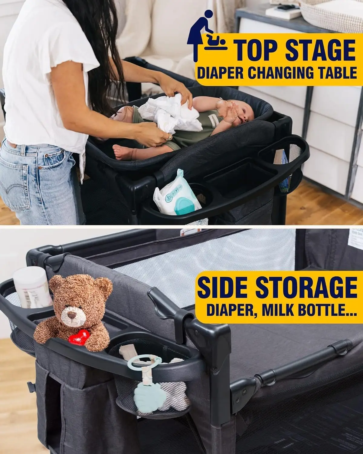 4-in-1 Baby Bassinet Bedside Sleeper with Playard and Changing Table for Newborns, Multi-Functional Crib