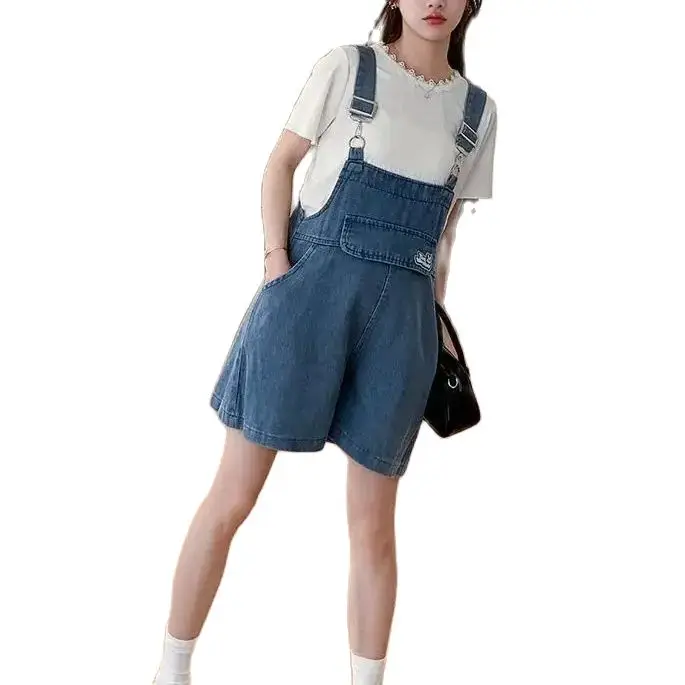 Jumpsuit Denim telinga kelinci gadis imut cantik kaki lebar pinggang tinggi longgar Korea Jepang jalan tinggi lompat Solid setelan wanita