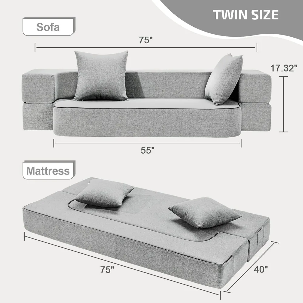 2-in-1 Convertible Couch Bed with 2 Pillows - Folding Floor Couch & Sleeping Mattress - Washable Cover & Memory Foam Sleeper