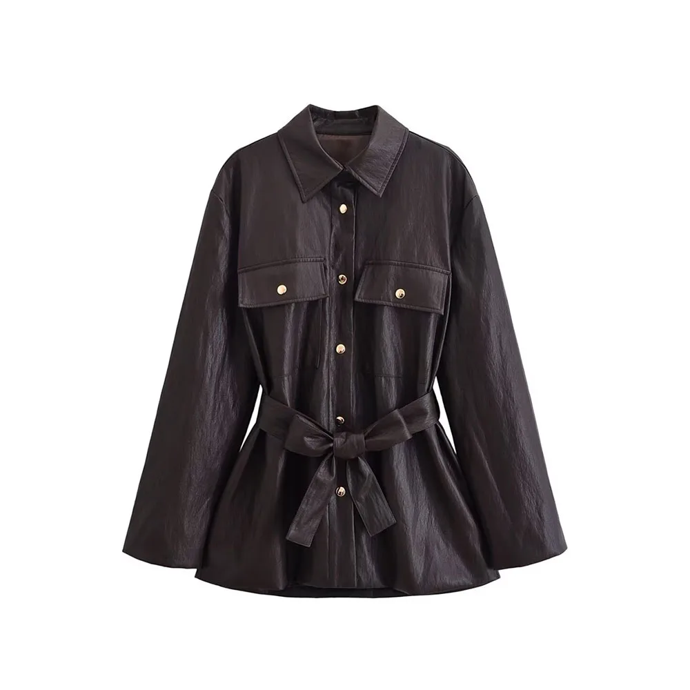 

Autumn and Winter New Women's Fashion Versatile Imitation Leather with Belt Long Coat