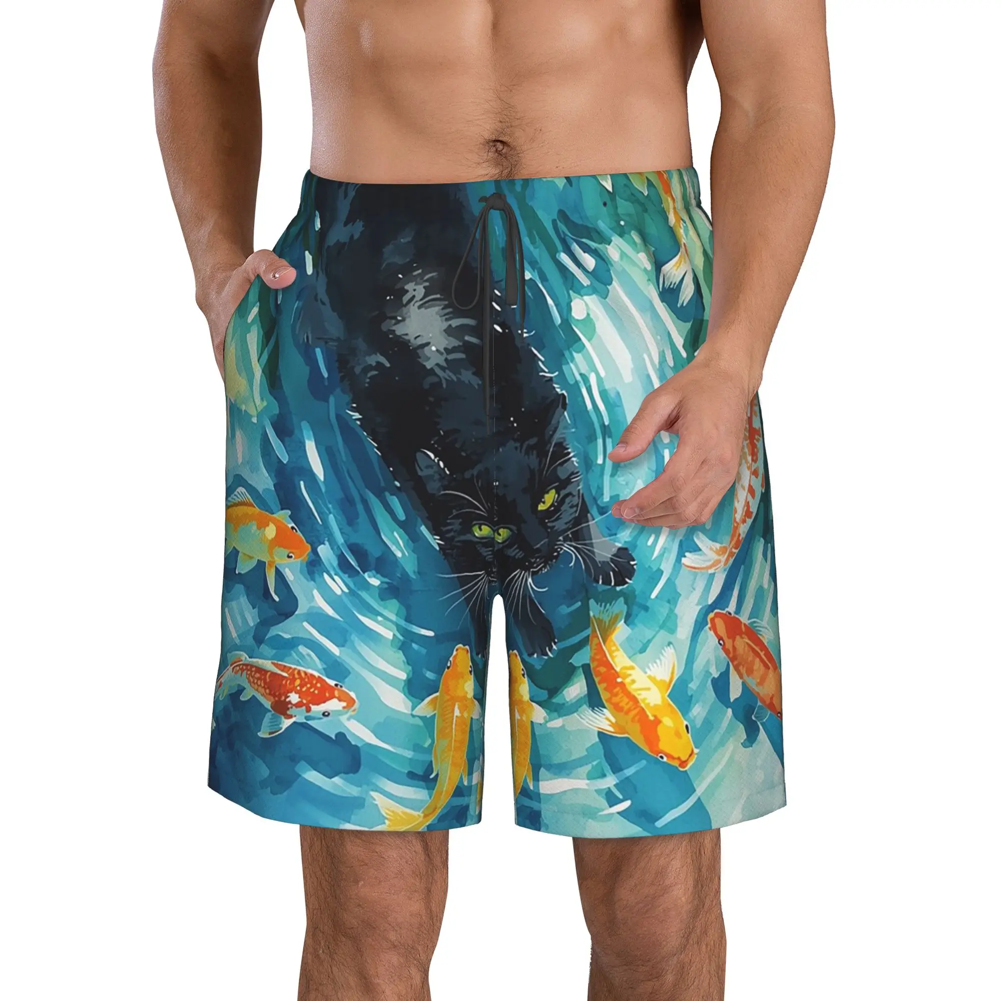 Cat Peeking Into Water Staring at Swimming Fish Trunks Beach Board Shorts Casual Quick Dry Swim Summer Men Pants