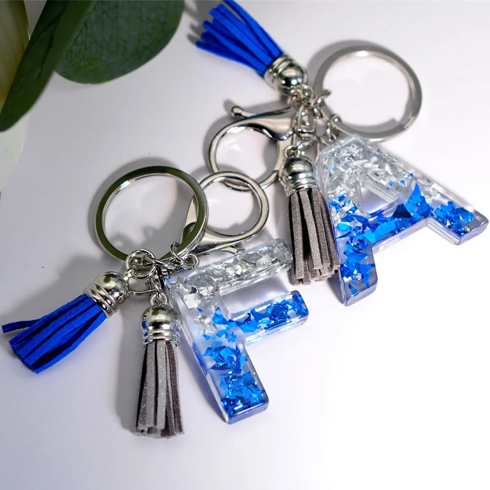 Glacier Sea 26 Initials Resin Keychain A to Z Sequin Filling Keyring for Women Men Blue Gray Tassel Pendant Handbag Accessories