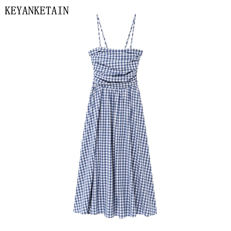 

KEYANKETIAN Summer New Women's Striped Halter Dress Beachwear Holiday wind Draped Decoration Slim Slash neck A Line MIDI Dresses