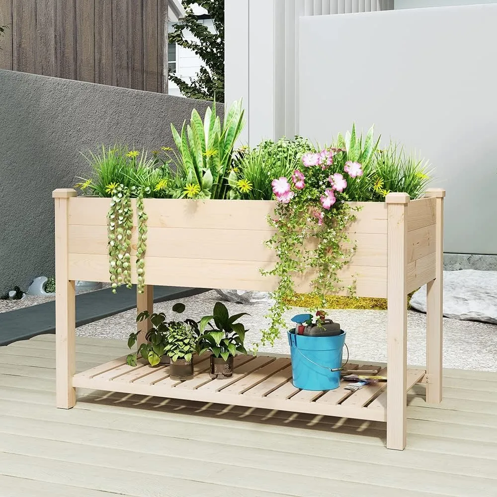 

BIRASIL Outdoor Raised Garden Bed, Wood Planter Box for Vegetable Flower, Elevated Reinforced Large Garden Planters Boxes