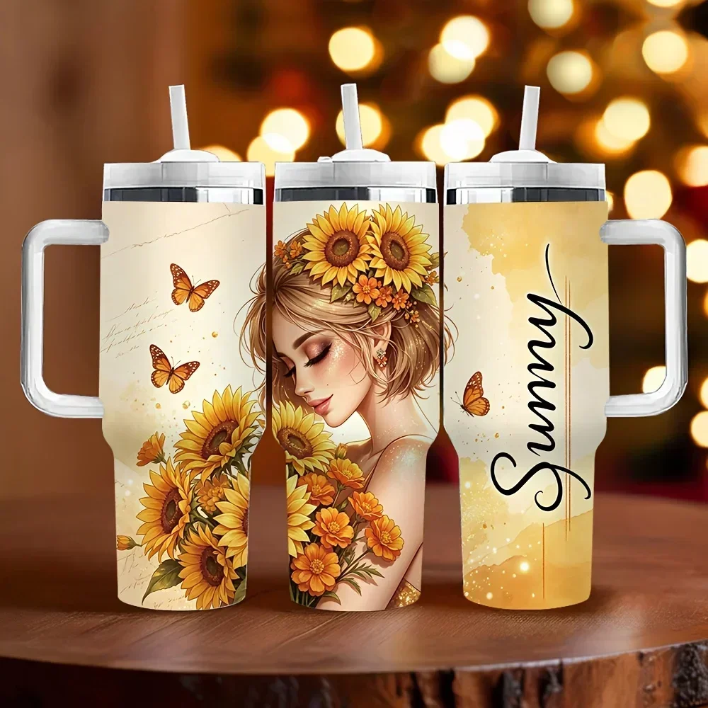 40oz Insulated Tumbler with Handle And Straw, Sunflower Butterfly Sunny Print, Perfect Holiday Birthday Gift for Women, Suitable for Daily Use Outdoor Activities And Travel