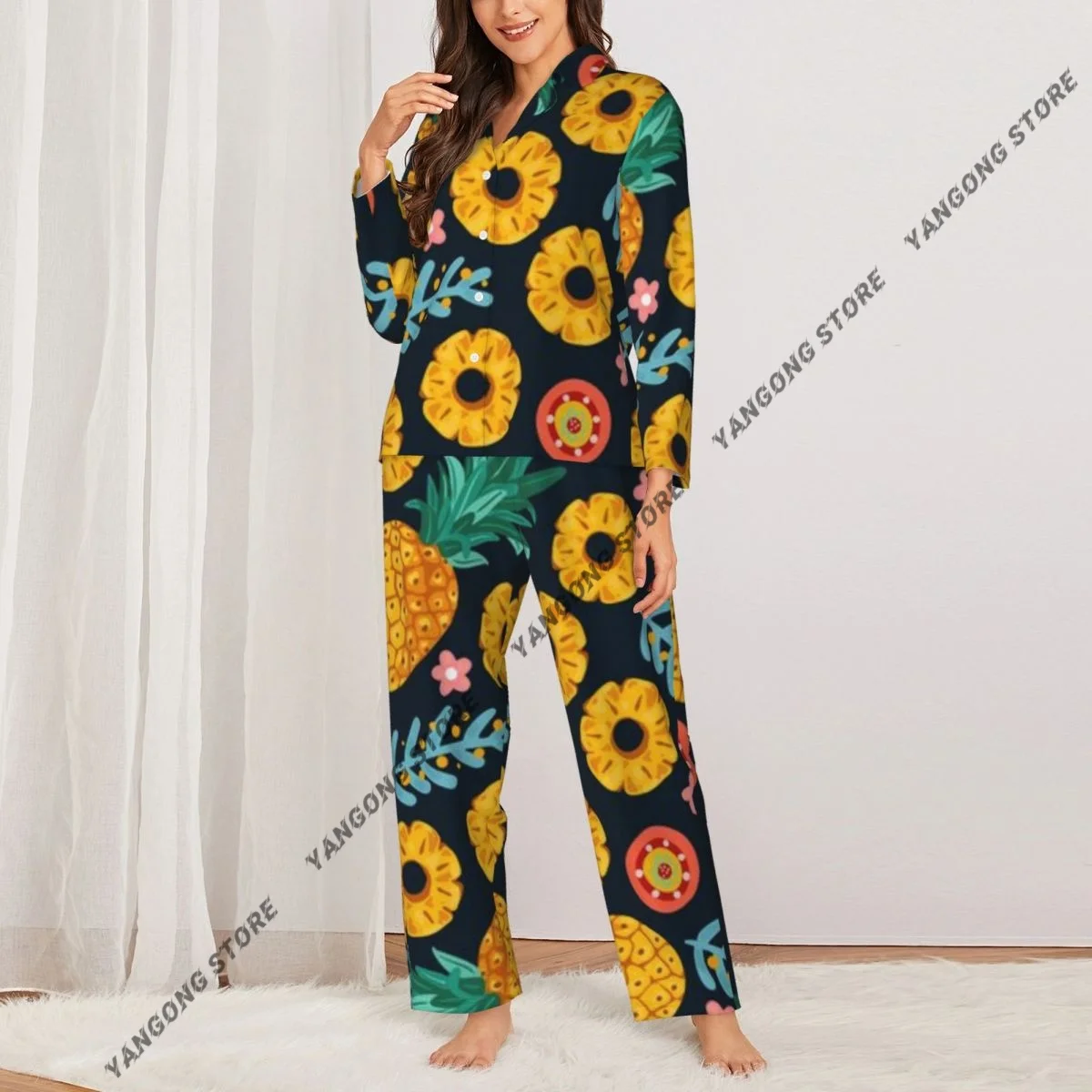 Pineapple Tropical Fruit Illustration Womens Pajamas Loungewear Two-piece Sleepwear Button-Down Full Sleeve Long Pajamas Set