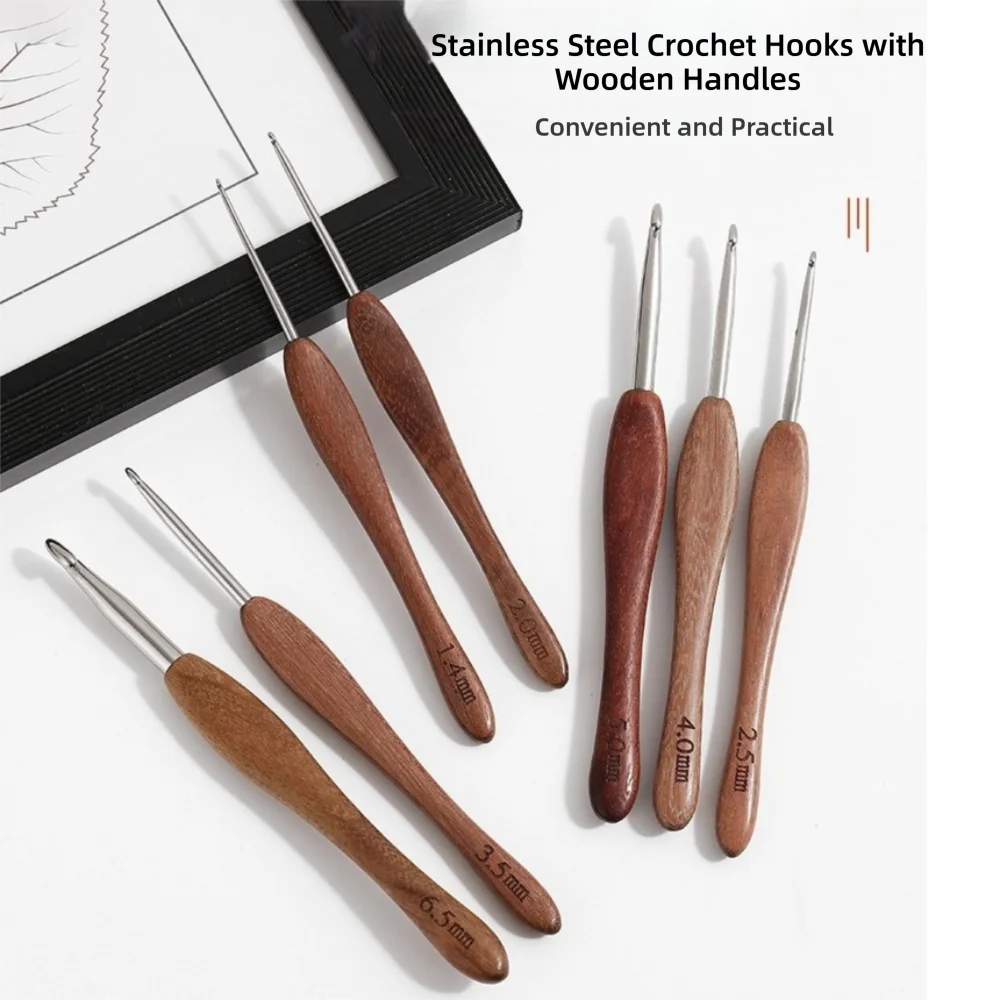 Durable 2.0-6.0MM Crochet Hook Sandalwood Handle Handmade Crafts Fine Hook Head Stainless Steel Crochet Hook Doll Weaving Tool