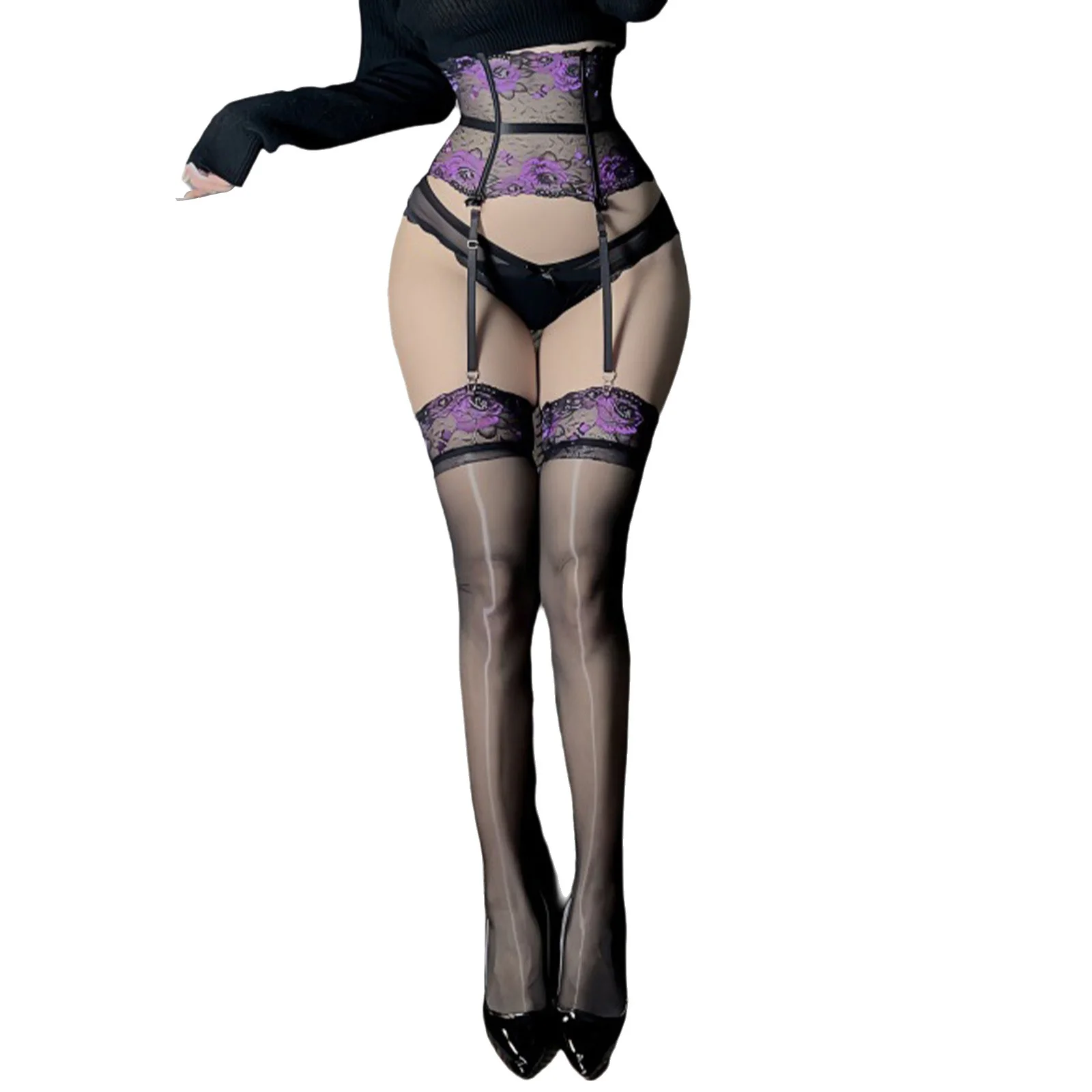 Womens Lingerie Floral Lace Fishbone Corset with Three Row Hook-and-eye Closure and Adjustable Garters Thigh High Stockings
