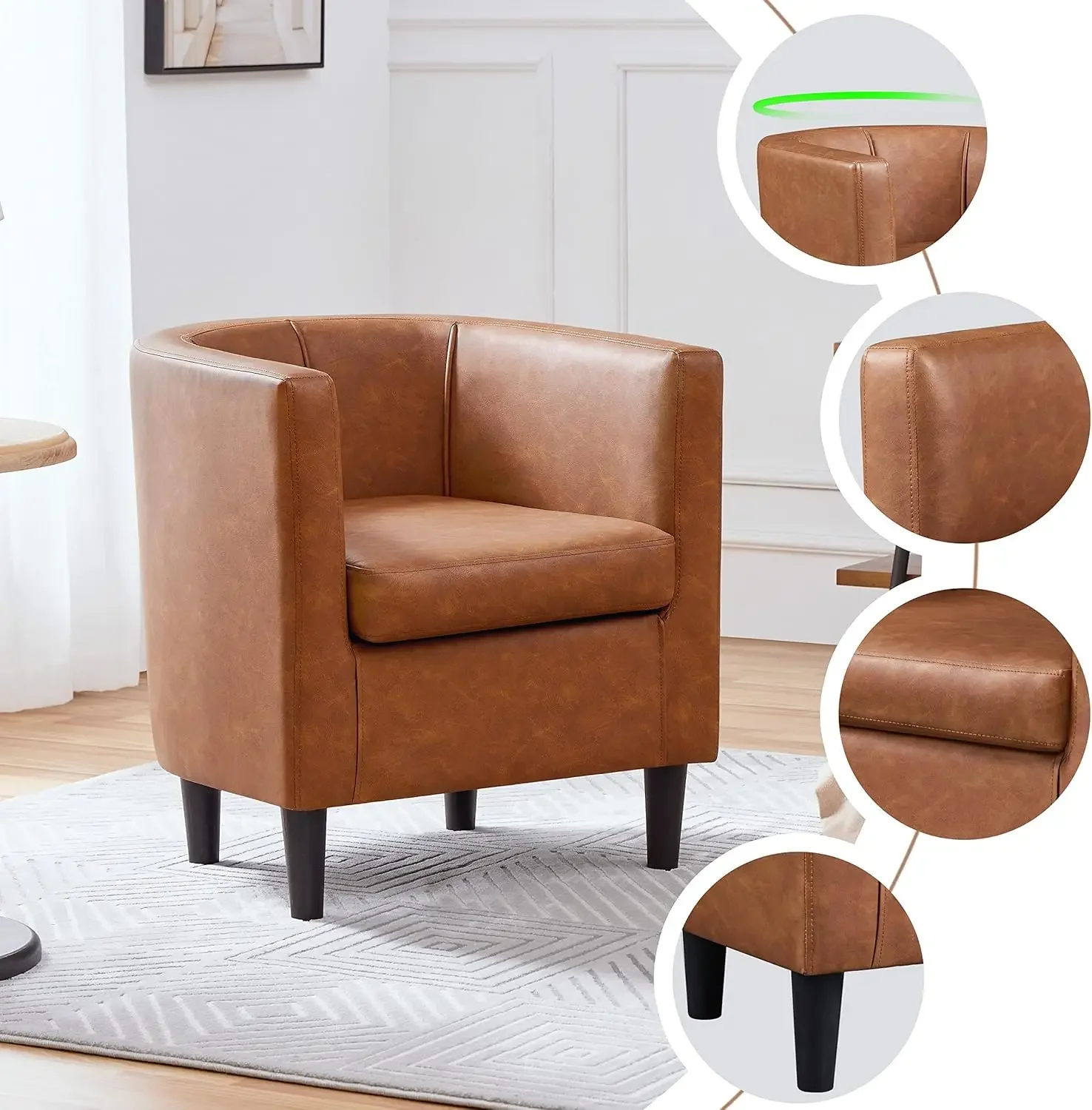 Accent Chair, PU Leather, Modern and Comfortable Armchairs, Upholstered Barrel Sofa Chair for Living Room Bedroom