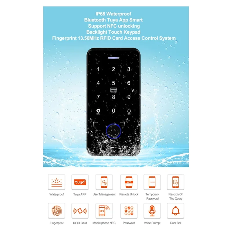 ABFN-NFC Bluetooth Tuya APP Клавиатура контроля доступа Водонепроницаемая RFID-клавиатура 13,56 МГц Биометрический отпечаток пальца Сенсорный дверной механизм Dura