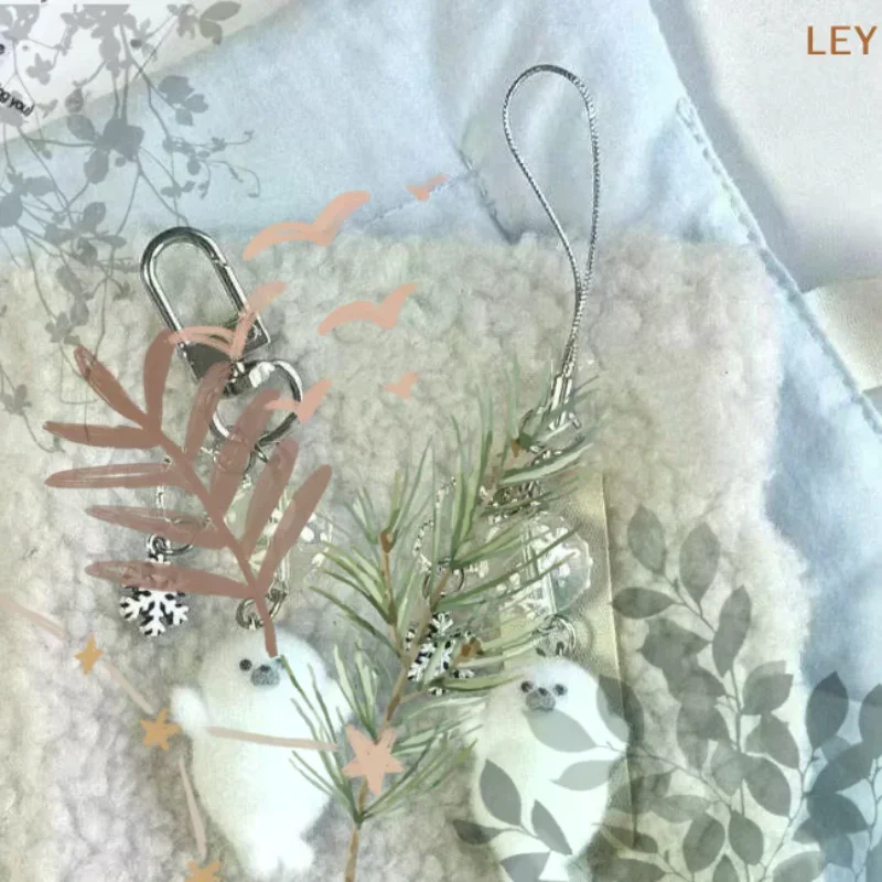 Resin Flocking Sea Otter Animal Keychains Fluffy Cute Cartoon Marine Animals Pendant Bag Earphone Case Phone Lanyard Accessories