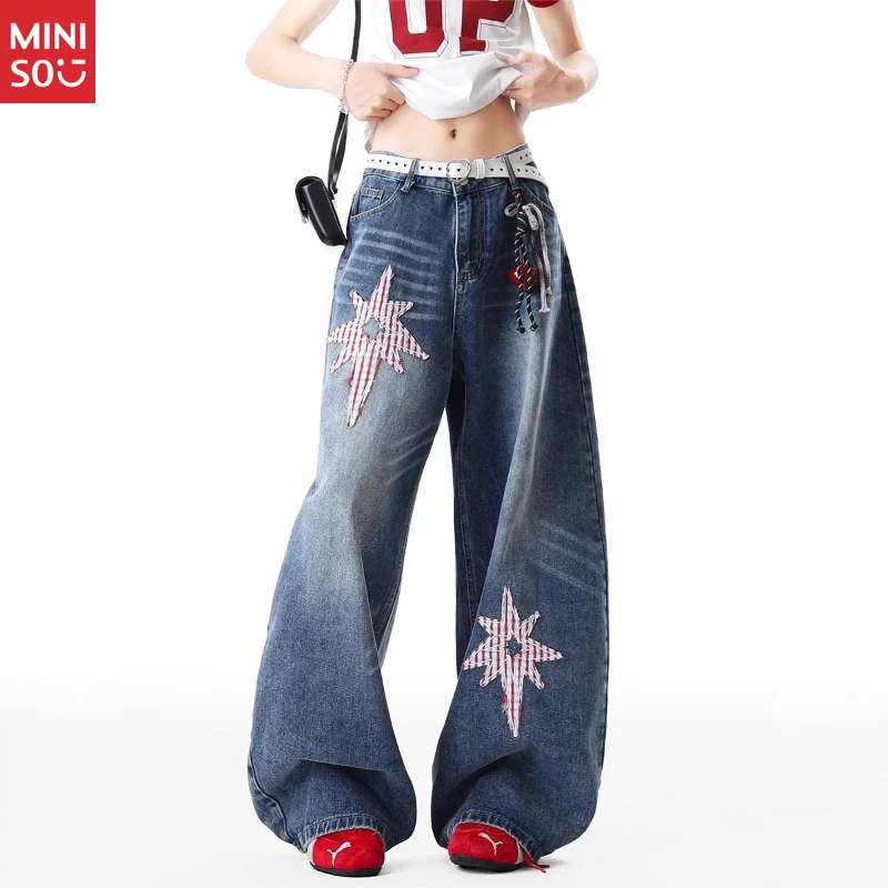 Miniso 3D Star Jeans Women، بنطال أمريكي واسع الساق، بنطال جينز مستقيم أنيق