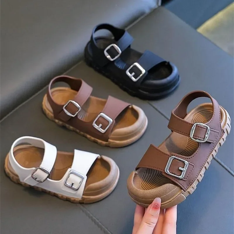 

2025 Summer New Children Sandals Fashion College Style Boys Girls Soft Bottom Sandals Simple Solid Color Kids Anti Kick Sandals