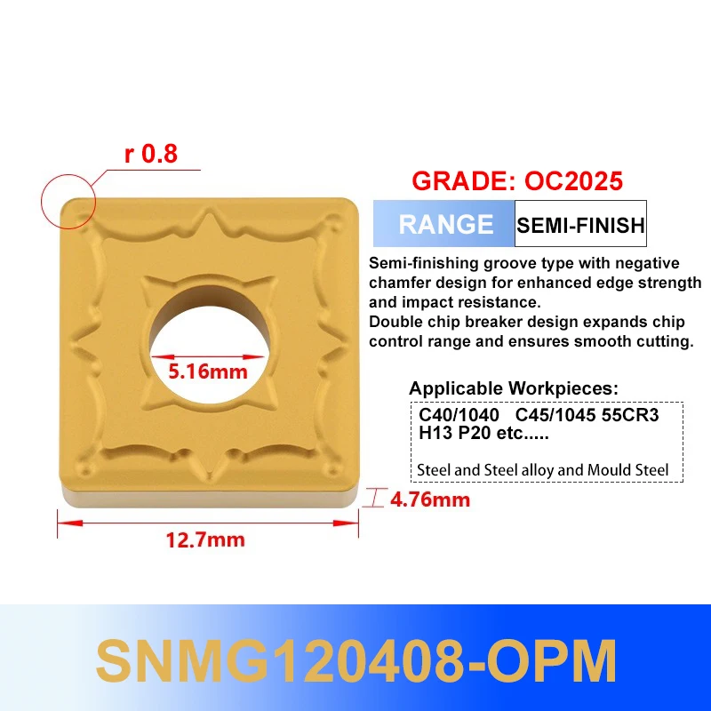 

SNMG120404-OPM SNMG120408-OPM SNMG120412-OPM OC2025 OC2125 OC235 Твердосплавные токарные наконечники для стали