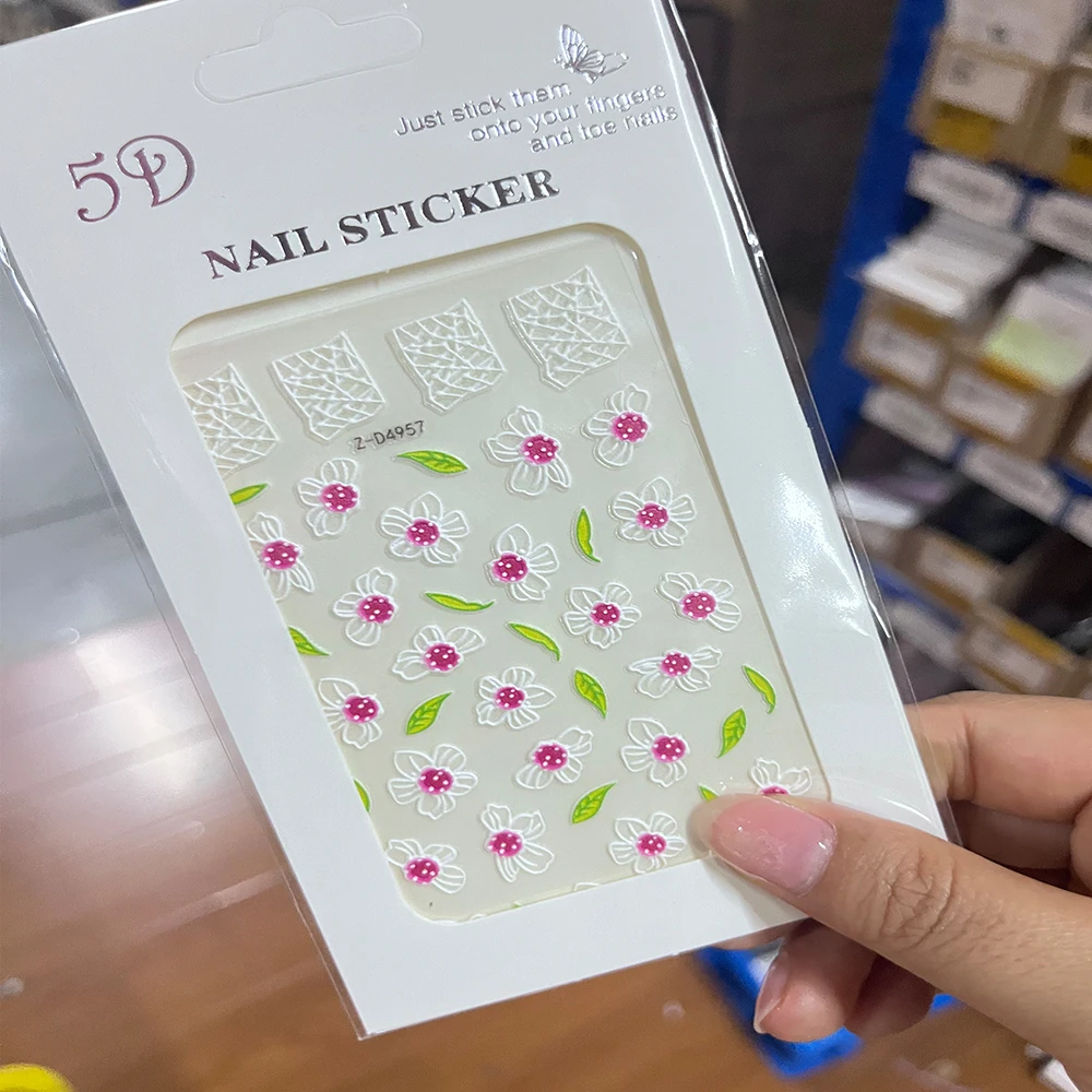 1pc 5D Embossed Nail Art Stickers,Nails Art Decals Flowers leaves Design Self Adhesive Nail Sticker Supplies for Women and Girls