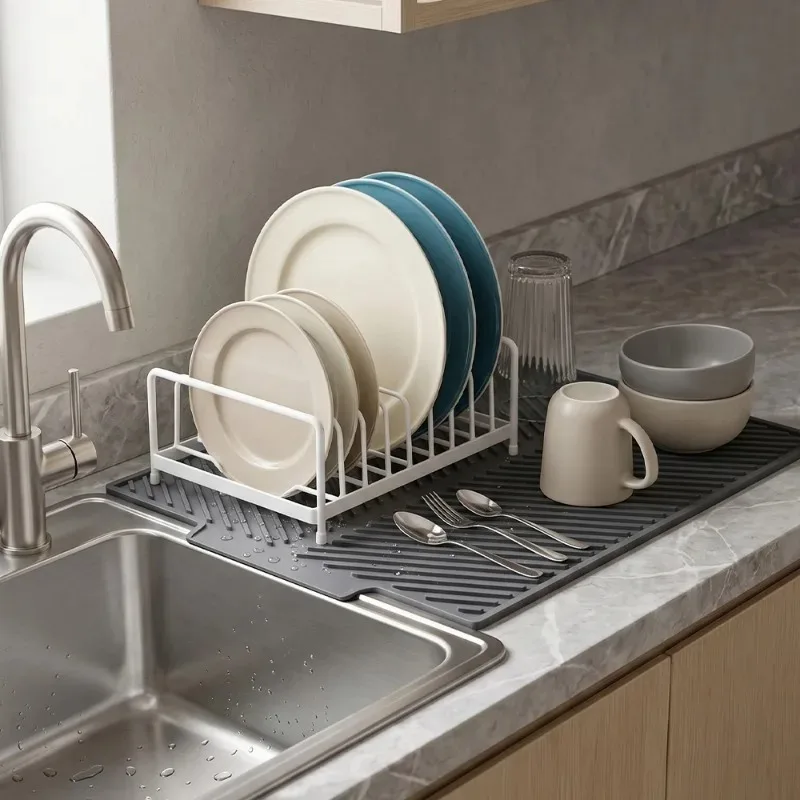 Foldable bathroom silicone kitchen sink drain pad large non-slip silicone tableware drying pad with drain function