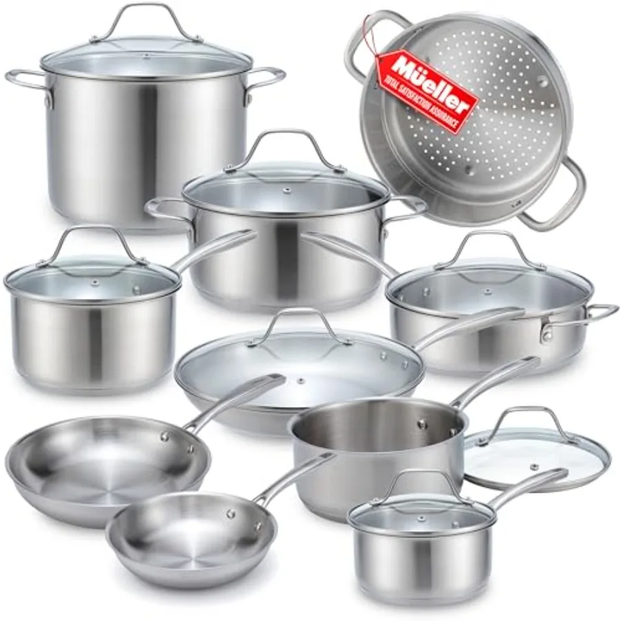 

Mueller Stainless Steel Pots and Pans Set Tri-Ply Ultra-Clad Pro Cookware Set, Induction Ready, Oven Safe, Even-Heat Aluminum C