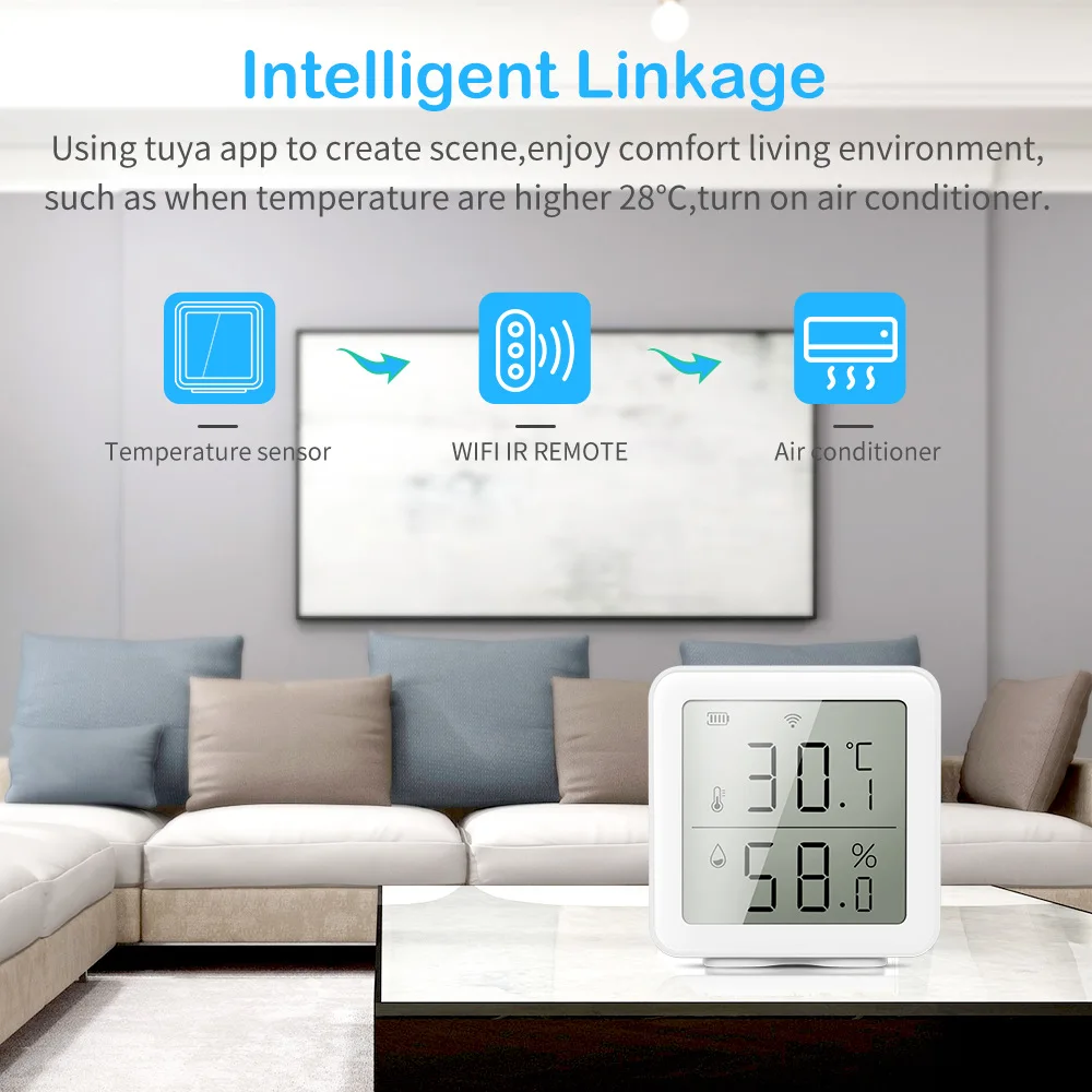 Sensor de temperatura y humedad para interiores, higrómetro, termómetro con pantalla LCD, compatible con asistente de Google Alexa, Tuya, WIFI