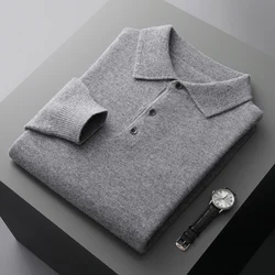 100% merino wool men's lapel pullover long sleeve POLO neck sweater loose top business casual knit bottoming shirt