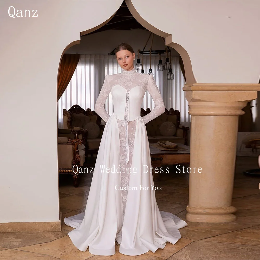 

Роскошные свадебные платья Qanz Ivory с кружевными аппликациями, высоким воротником и длинными рукавами, фасон «русалка», на заказ