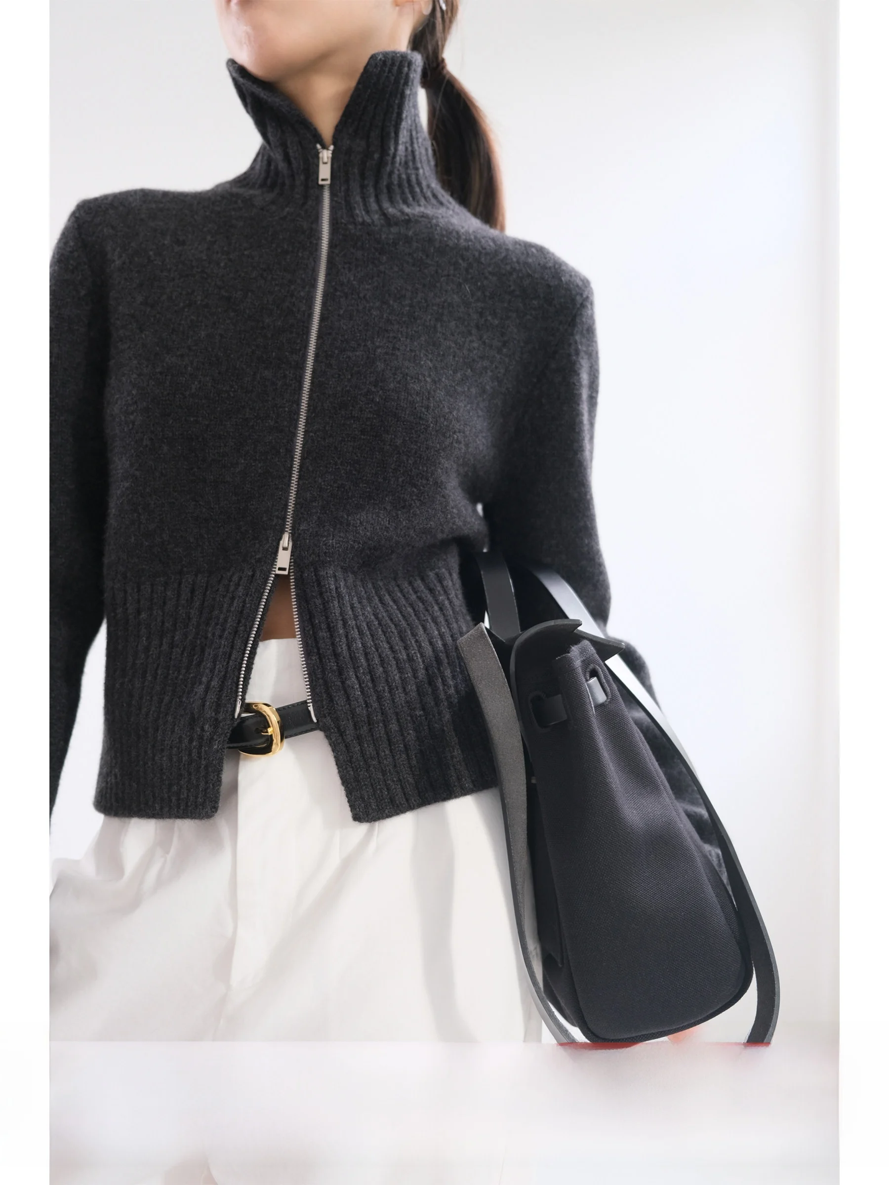 

Slimming High Collar Knitted Woolen Cardigan Women's Faion Cool Sle Zipper Knitwear Long Sve Casual Wear Regular Fit