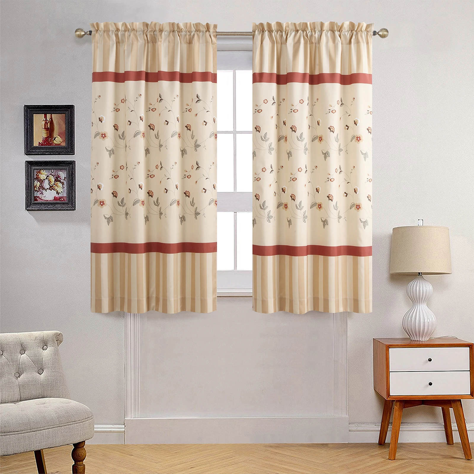 Veronica Farmhouse Yellow Window Curtain,Rod Pocket Printed Tan Polyester 2pcs Panel Pair 63