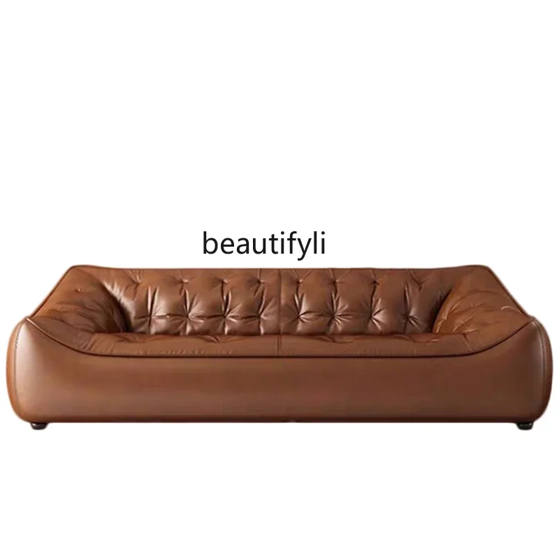 

l5Tofu block leather sofa modern retro living room oil wax leather art soft bag straight row sofa