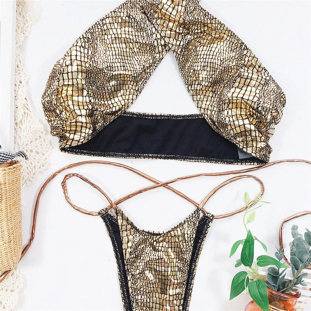 2026 Glänzender Neckholder-Tanga-Bikini Damen-Bademode Zweiteiliger Bikini-Set Wickel-Badeanzug Badebekleidung V2089 – Detail 11