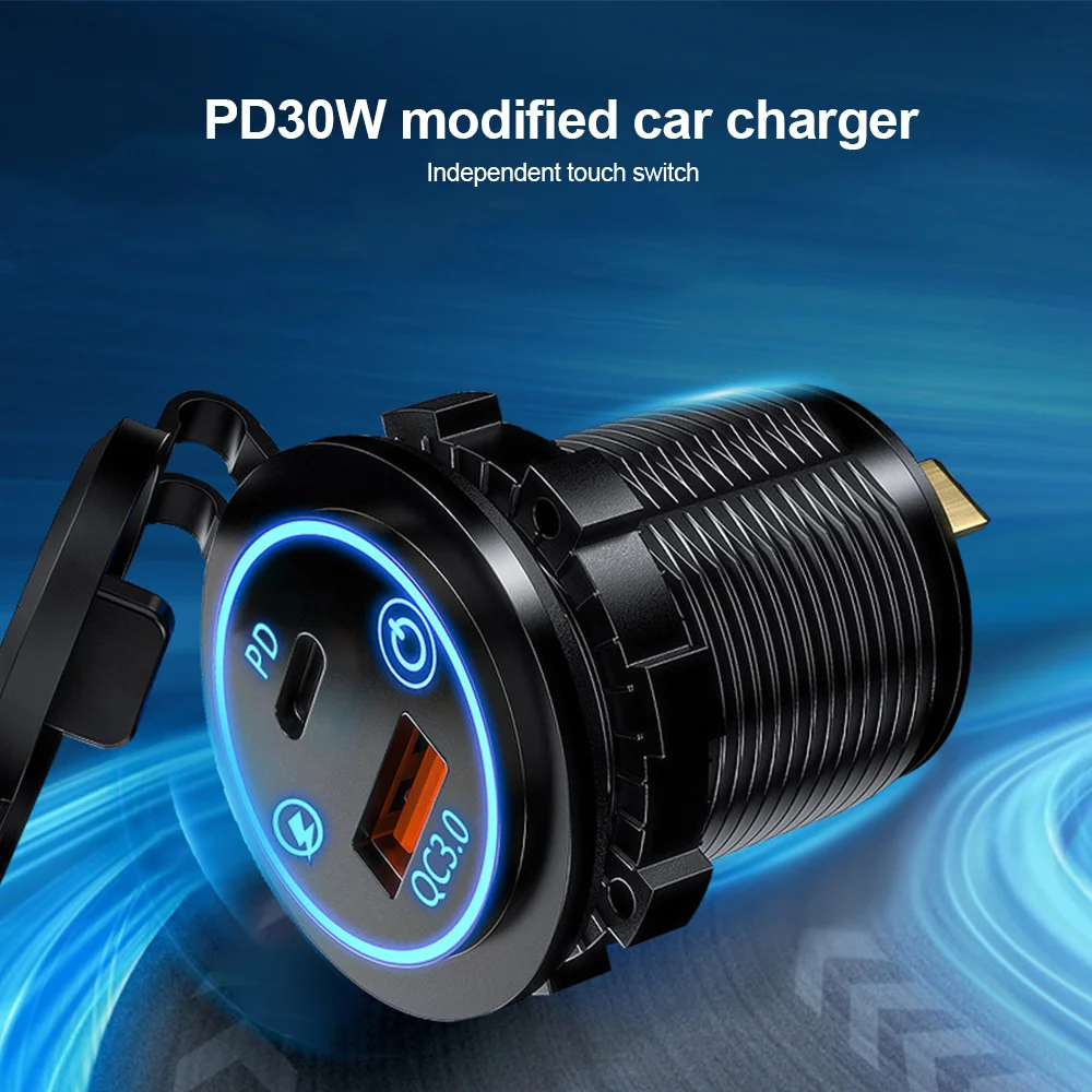 Car Phone Charger Socket PD3.0 & QC3.0 Double Ports Type C+USB Waterproof with LED Touch Switch 48W Fast Charging 12V/24V