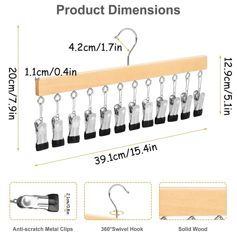 Wooden Hat hanger for Baseball Caps Space Saving Organizer with Non Slip 12 Clips Multi-function Hooks Drying Hangers for Pants