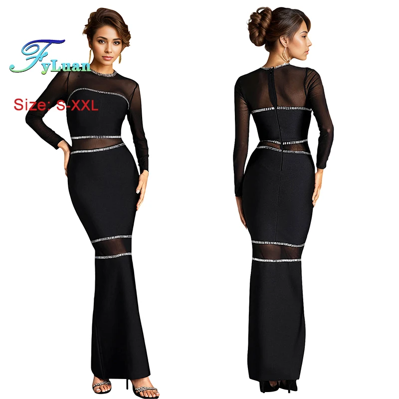Mode Neue Cut Out Taille Langarm Frauen Lange Kleid Sheer Mesh Temperament O Neck Meerjungfrau Strass Perlen String Prom Kleider