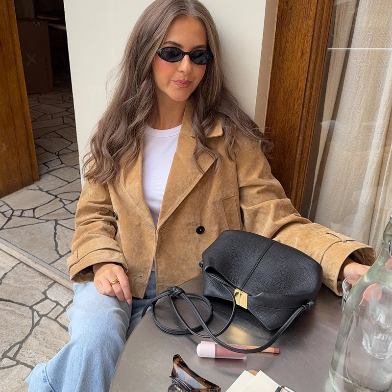 HXAO Wildleder-Trenchcoat für Damen, kurzer Mantel, Kunstleder, Damenjacke, Demi-Saison, langärmelig, zweireihig, Knopfleiste, Windjacke