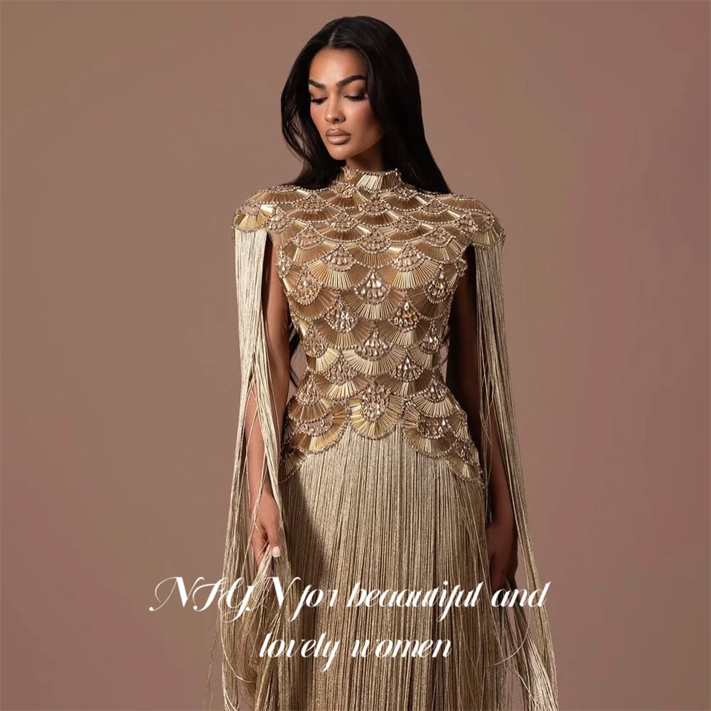 NFYN Golden Evening Dress High Neck Off Shoulder Party Dress Straight Glitter Sequin vestidos de fiesta Prom Gowns Customized image 3