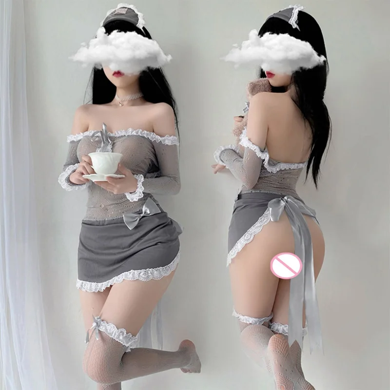 

Sheer Lace Maid Roleplay Lingerie Set with Apron & Headpiece Off-Shoulder Sleeve Stockings for Women Erotic Cosplay Nightwear