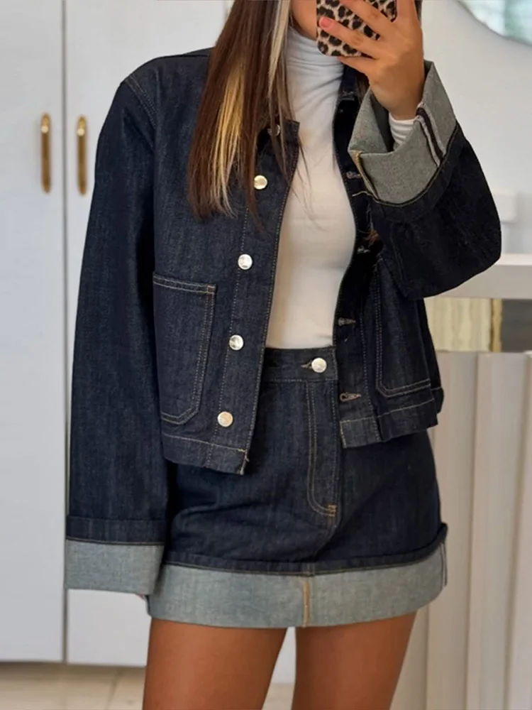 

Fashion Denim Coats Skirts Set Women's Cropped Long Sleeve Single Breasted Tops A-Line Skirt 2025 Autumn New Lady Cute Outfit