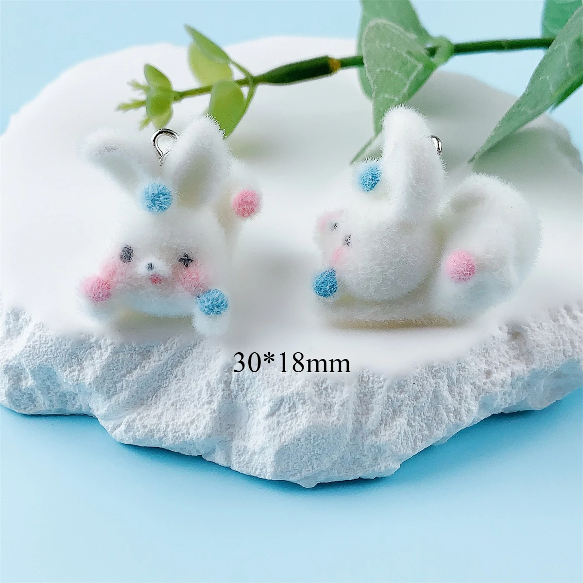 20Pcs 3D Cute Mini Cartoon Flocking Rabbit Resin Charms Plush Animal Pendant For Phone Keychain Earring DIY Crafts Jewelry Make