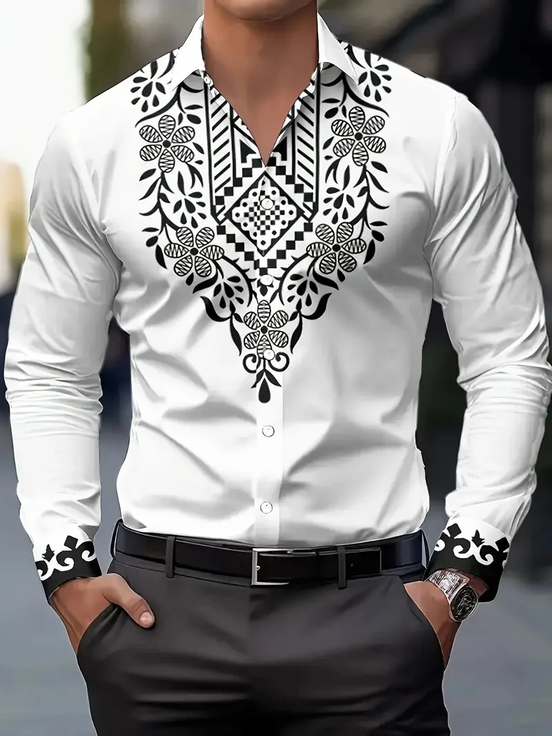 Men's Fashion Floral Shirt 3D Printed Lapel Long Sleeve Shirt Wolf Pattern Street Vintage Casual Embroidered Men's Top