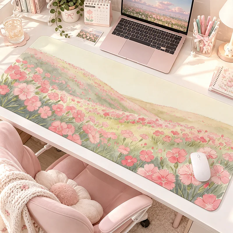 Wide and long pink petunia flower field scenery mouse pad, landscape floral table mat, feminine nature-inspired meadow art print
