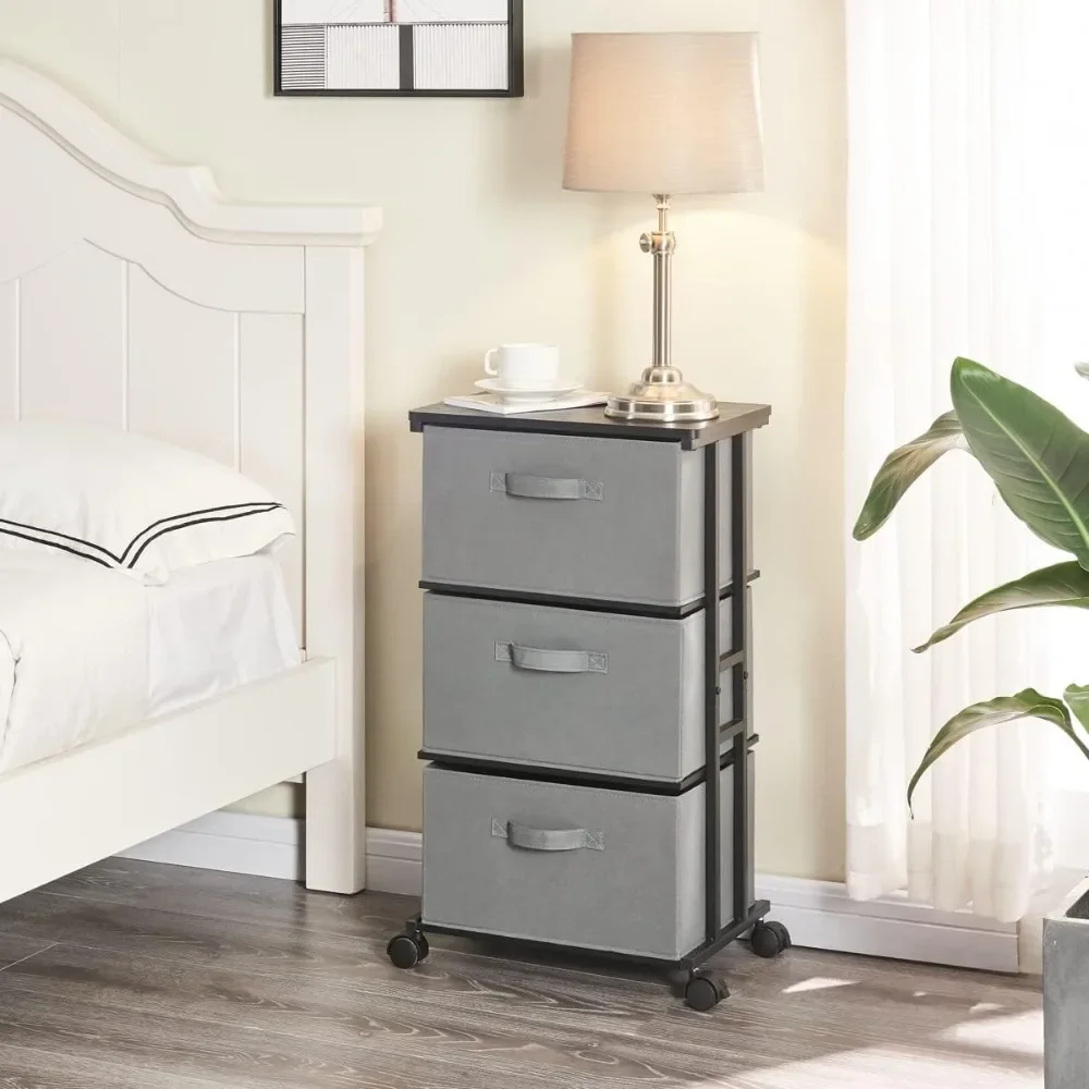 Dresser Tower with 3 Drawers Fabric  Drawer Organizer Unit  Chest with Wood Top Vertical Storage Dresser