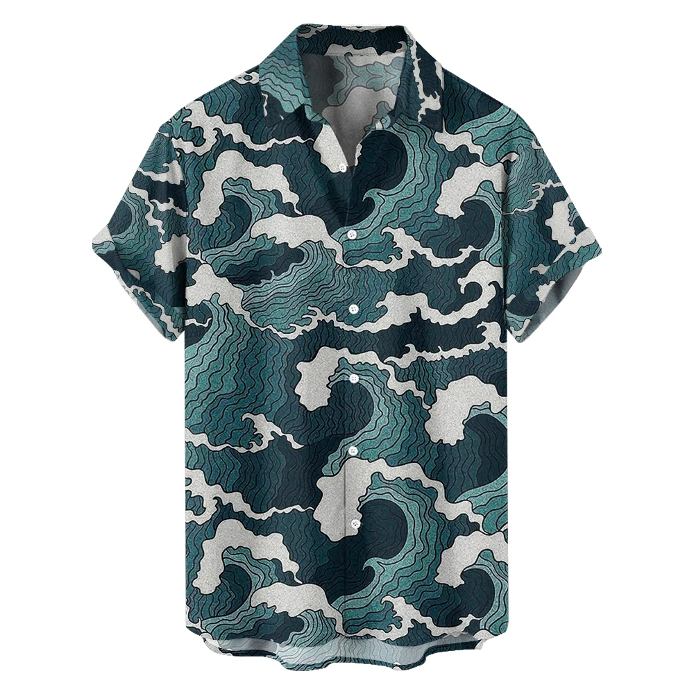 Camicia da uomo a maniche corte con stampa a onde casual per le vacanze al mare estate sottile sciolto plus size top