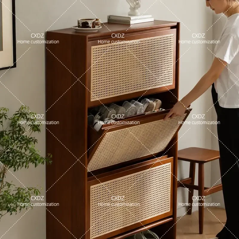 Medieval style shoe cabinet solid wood foyer locker entry porch cabinet Nordic bedroom ultra-narrow storage cabinet rattan
