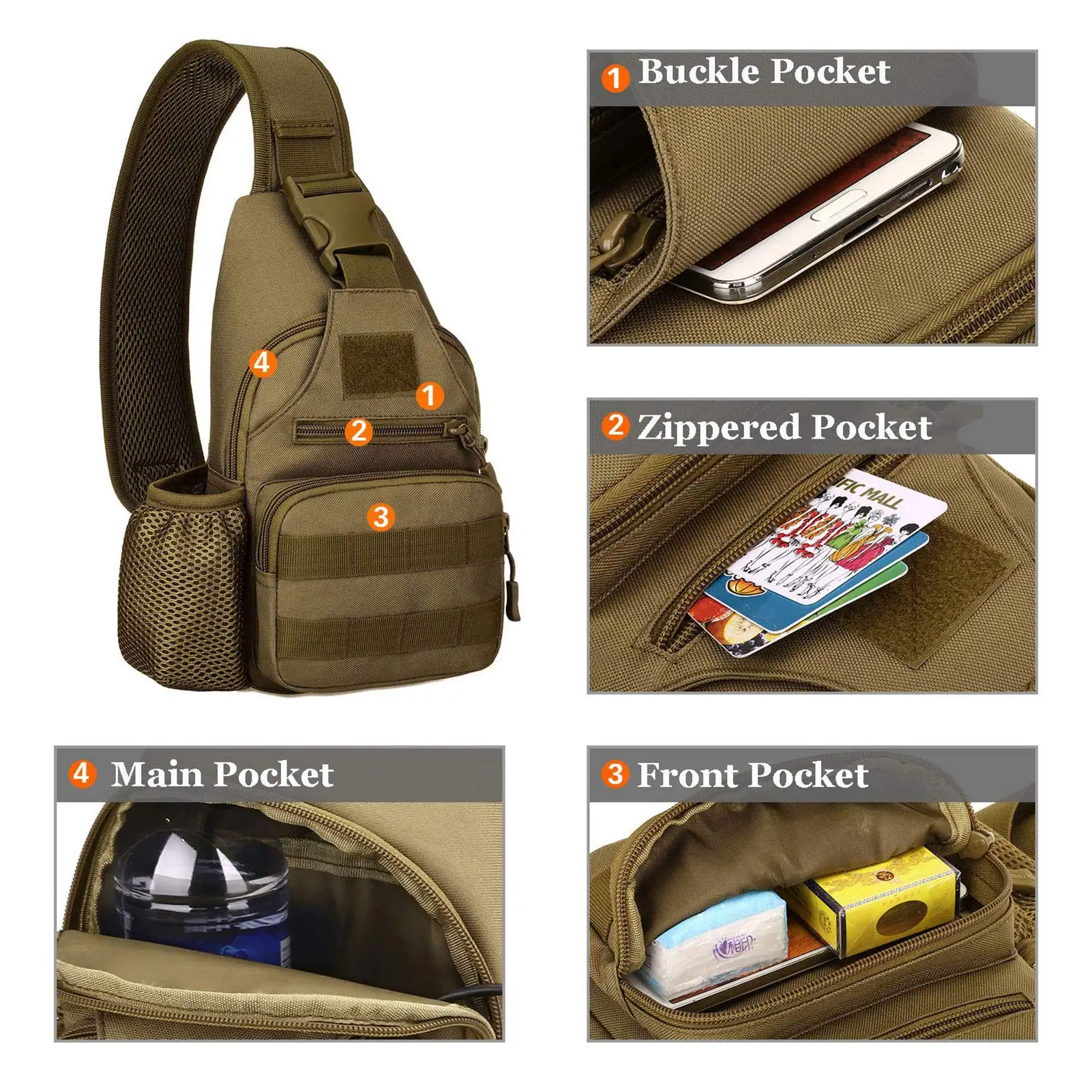 Mochila táctica militar para el pecho para hombre, mochila de hombro resistente al agua, mochila de día de una correa con soporte para botella de agua